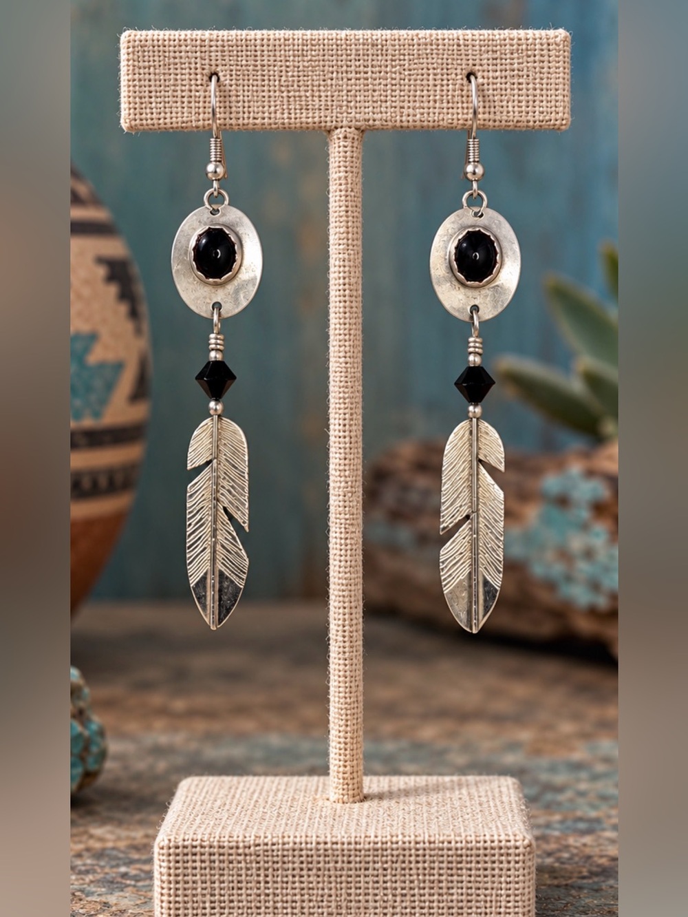 Earrings Sterling Silver Feather Drop Earrings Black Onyx Gemstones